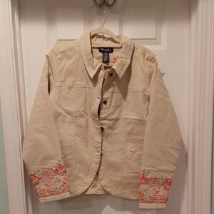 Denim & Co Beige Jean Jacket with Red Floral Lining. Embroidered Sleeves. Large